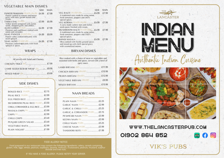 Menus - The Lancaster, Wednesfield - Vik's Pubs LTD