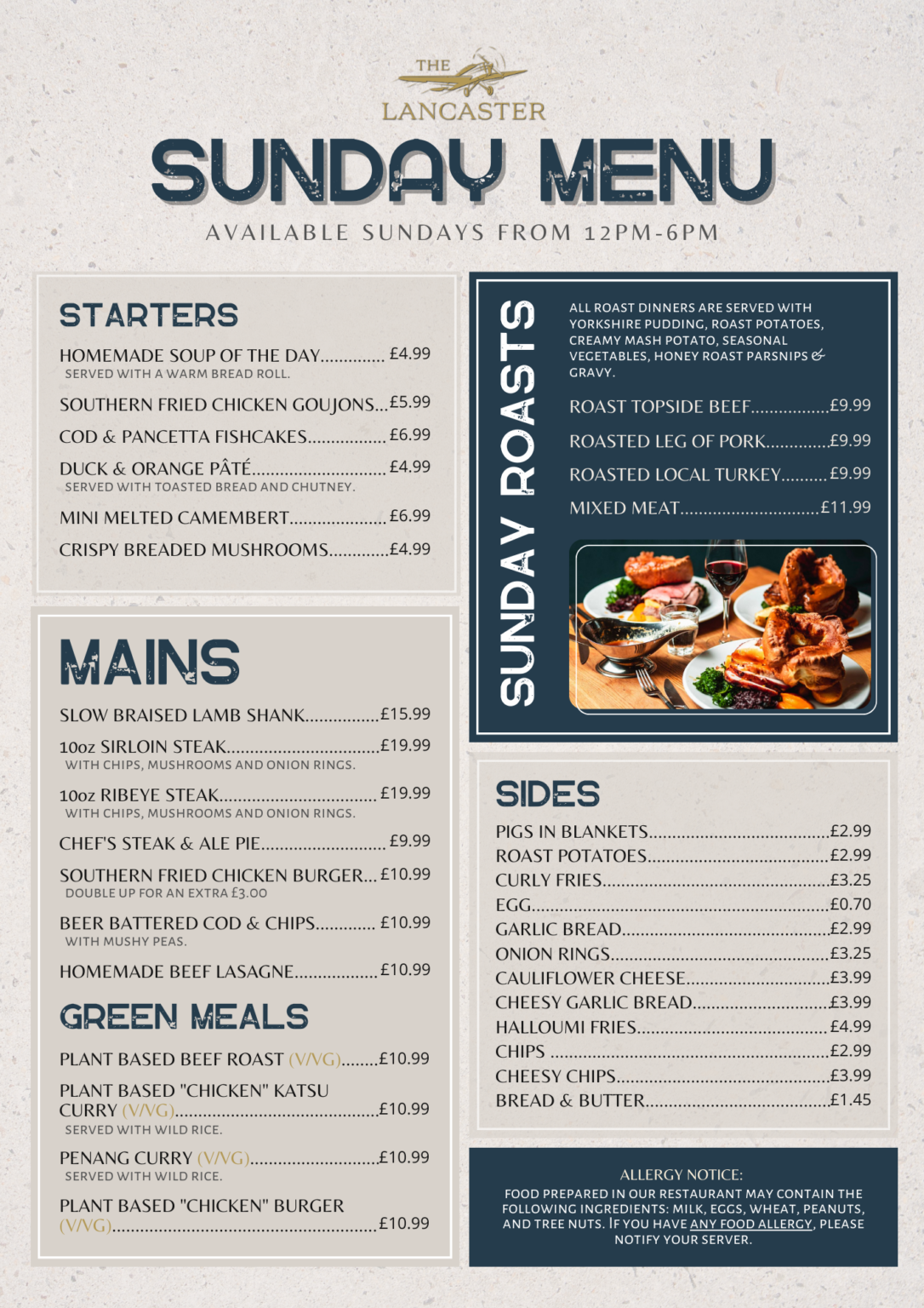 Menus - The Lancaster, Wednesfield - Vik's Pubs LTD